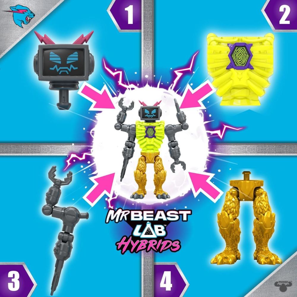 Set 2 figurine, Mr Beast Lab Hibrids, W2, Hyper Fusion, Lab-Bot Vs Gid Skeleton