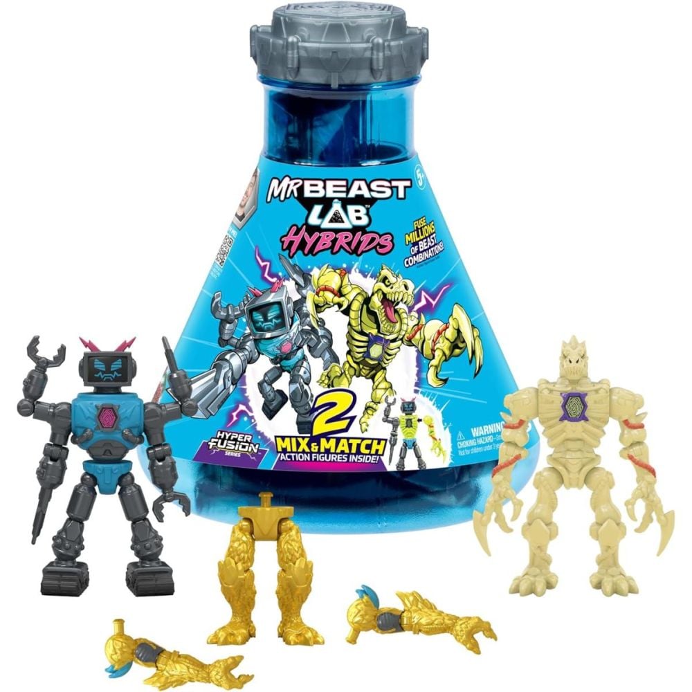 Set 2 figurine, Mr Beast Lab Hibrids, W2, Hyper Fusion, Lab-Bot Vs Gid Skeleton