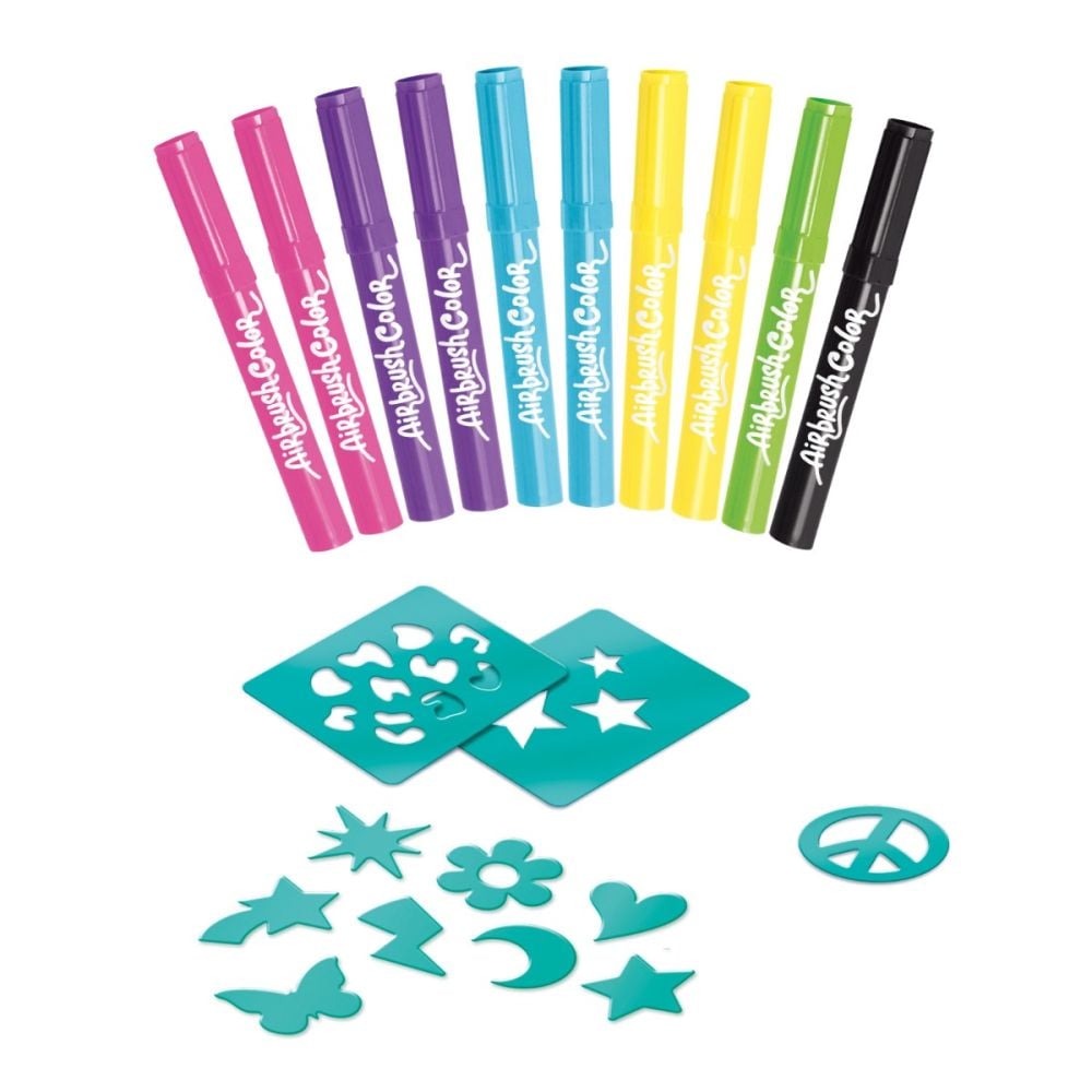Set creativ, Airbrush Plush, 10 markere colorate si 2 sabloane