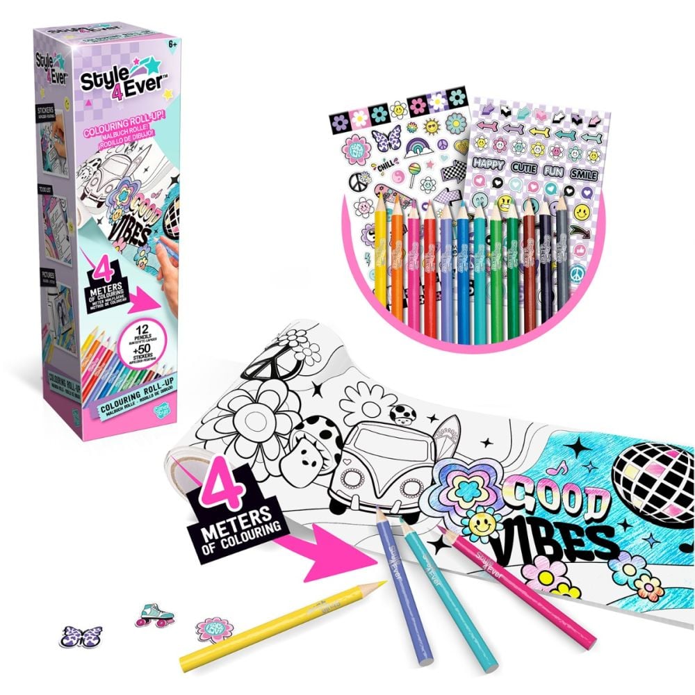 Set rola de colorat 4 metri si 12 creioane colorate, Style 4 Ever, Good Vibes