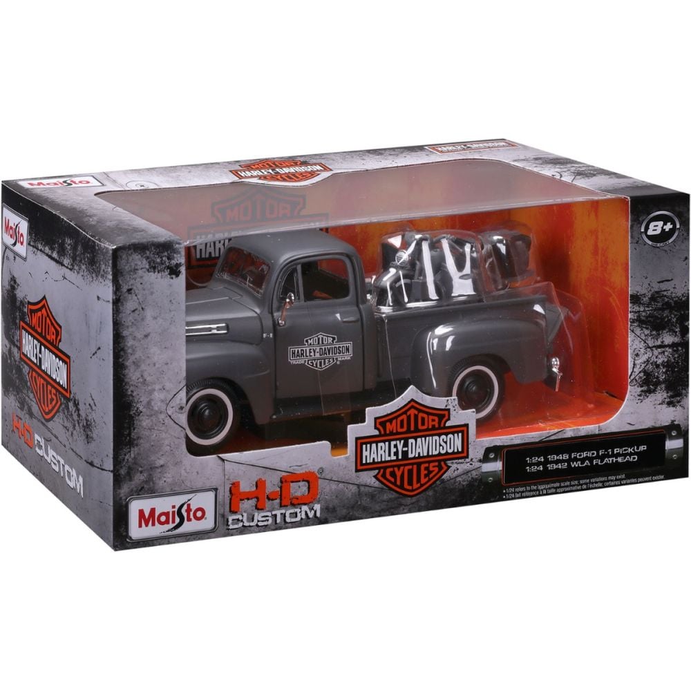 Set masina si motocicleta, Maisto, H-D Custom, 1948 Ford F1 Pick Up si 1942 WLA Flathead, 1:24