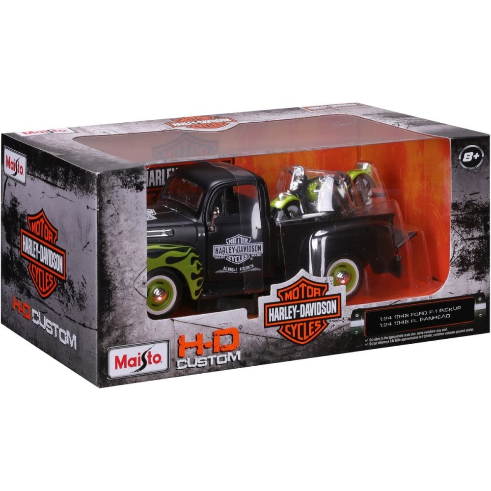 Set masina si motocicleta, Maisto, H-D Custom, 1948 Ford F1 Pick Up si 1948 FL Panhead, 1:24
