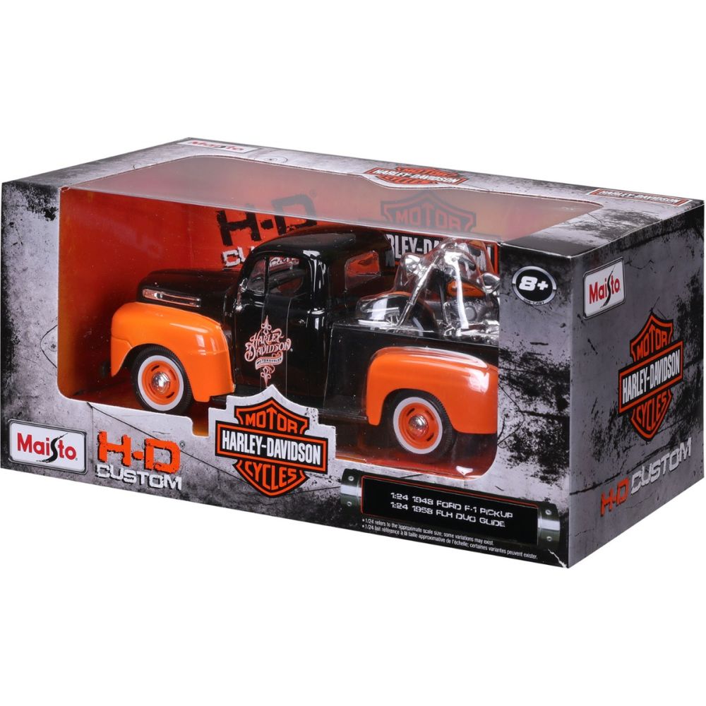 Set masina si motocicleta, Maisto, H-D Custom, 1948 Ford F1 Pick Up si 1958 FLH Duo Glide, 1:24