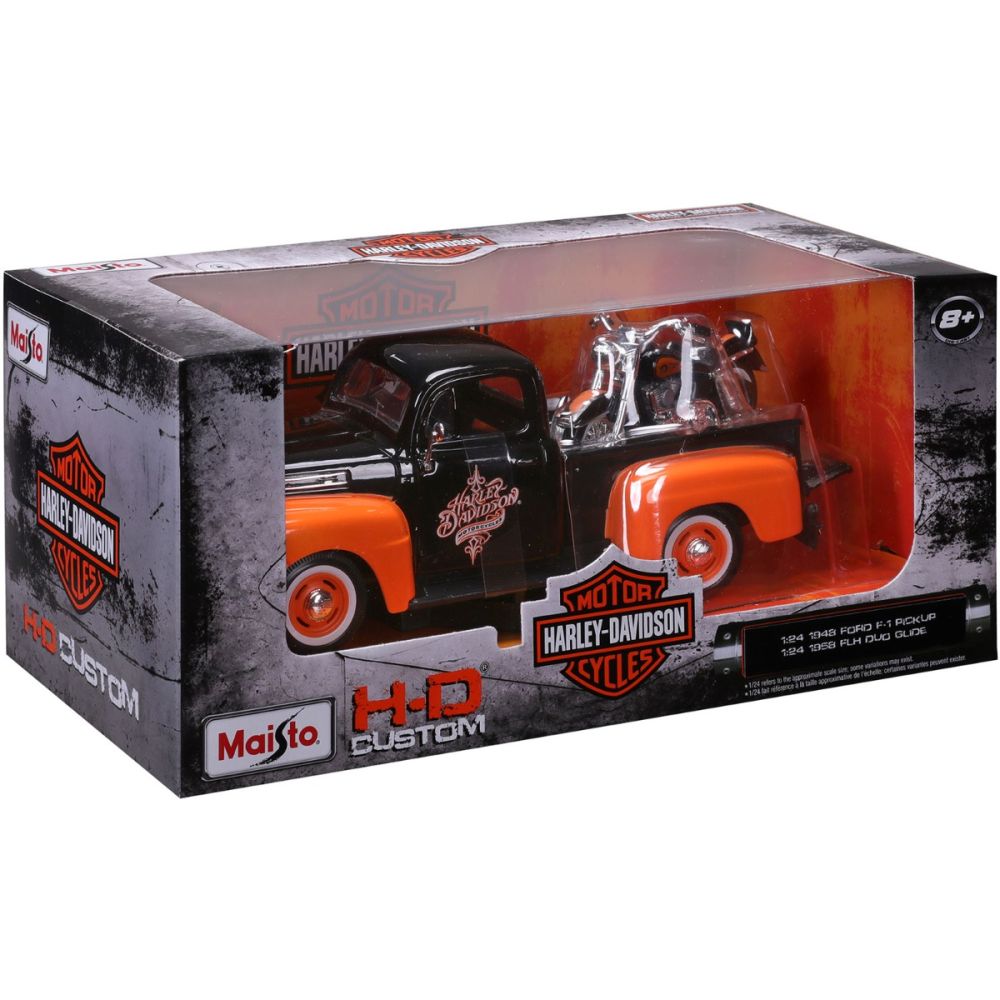Set masina si motocicleta, Maisto, H-D Custom, 1948 Ford F1 Pick Up si 1958 FLH Duo Glide, 1:24