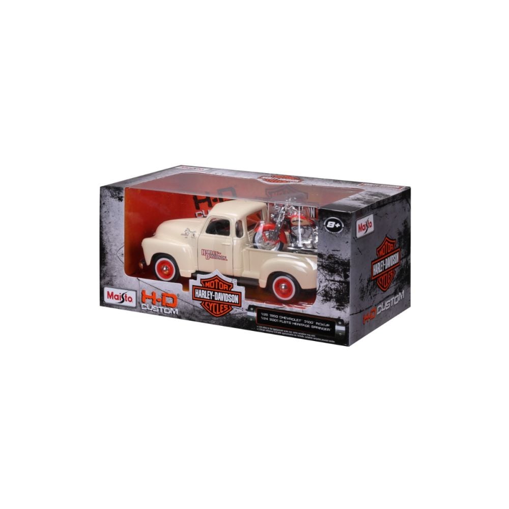 Set masina si motocicleta, Maisto, H-D Custom, 1950 Chevrolet 3100 Pick Up 1:25 si 2001 FLSTS Heritage Springer, 1:24