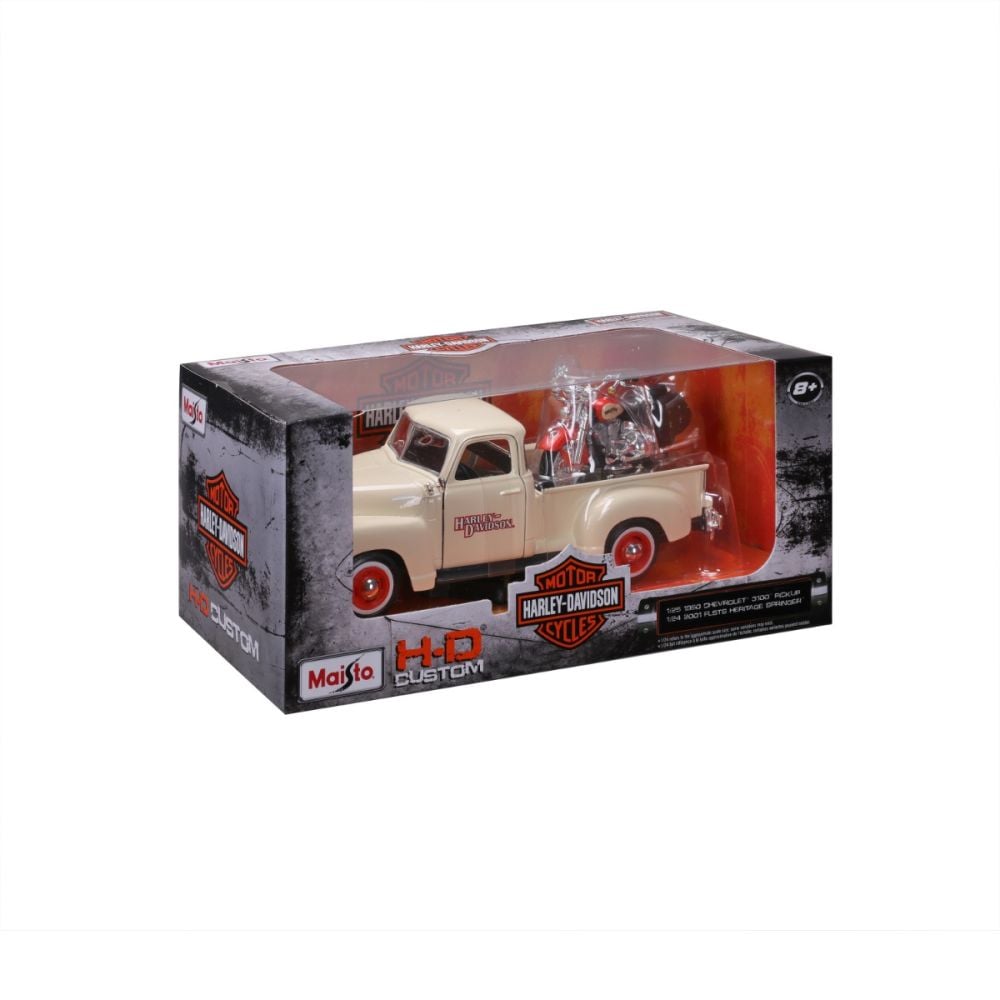 Set masina si motocicleta, Maisto, H-D Custom, 1950 Chevrolet 3100 Pick Up 1:25 si 2001 FLSTS Heritage Springer, 1:24