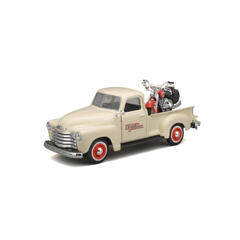 Set masina si motocicleta, Maisto, H-D Custom, 1950 Chevrolet 3100 Pick Up 1:25 si 2001 FLSTS Heritage Springer, 1:24