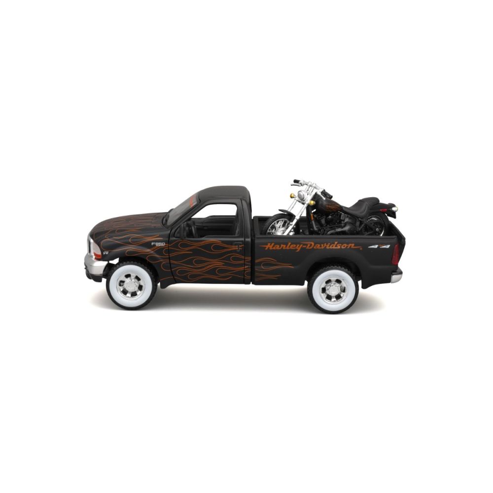 Set masina si motocicleta, Maisto, H-D Custom, 1999 Ford F350 Super Duty Pick Up 1:27 si 2002 FXSTB Night Train, 1:24