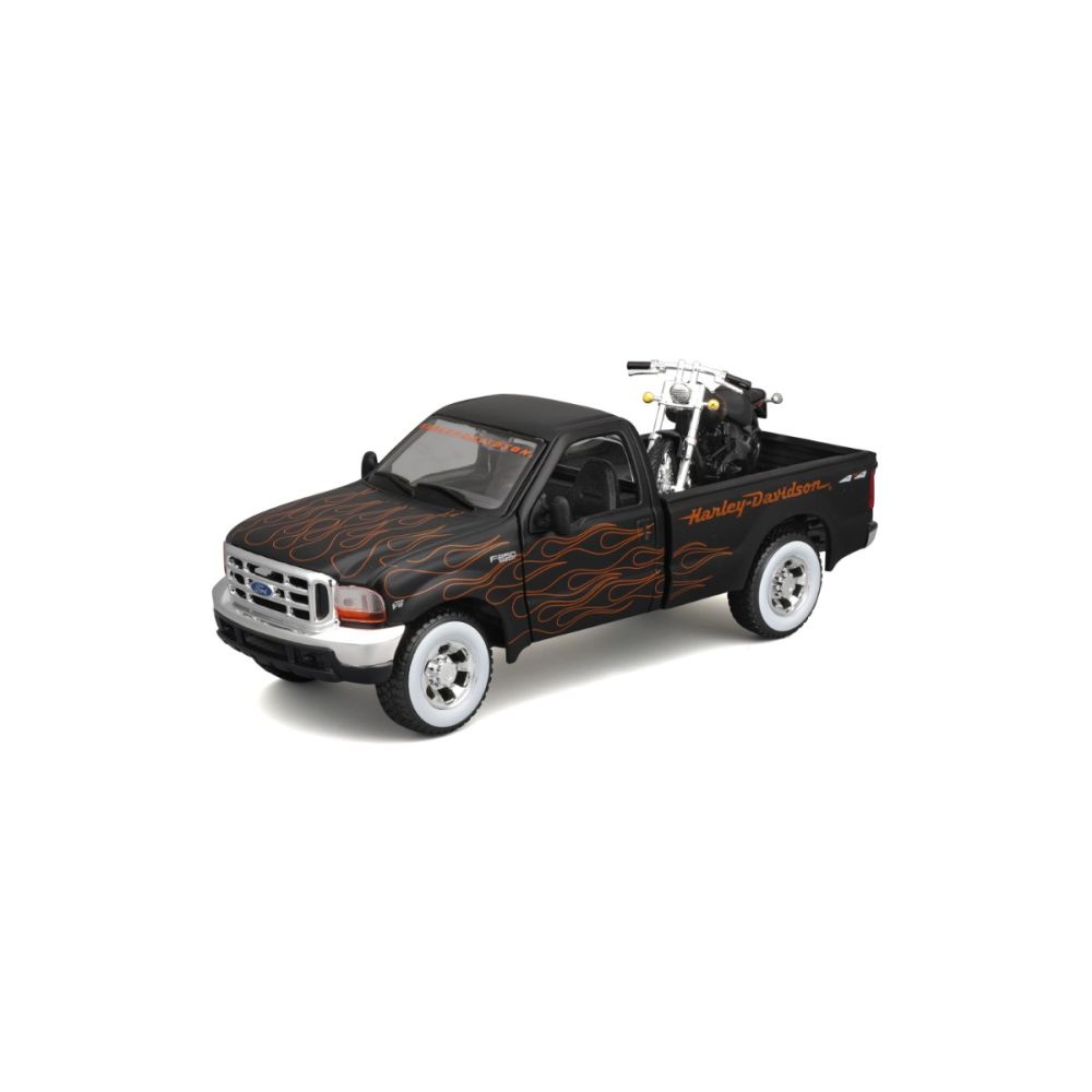 Set masina si motocicleta, Maisto, H-D Custom, 1999 Ford F350 Super Duty Pick Up 1:27 si 2002 FXSTB Night Train, 1:24