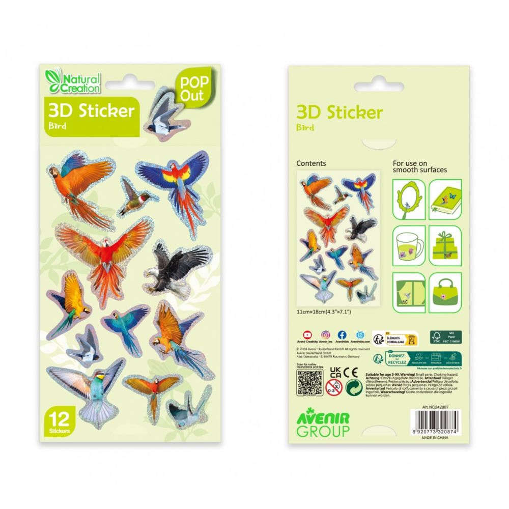 Abtibilduri 3D, Avenir, Natural Creation, Pop Out, Pasari, 12 bucati
