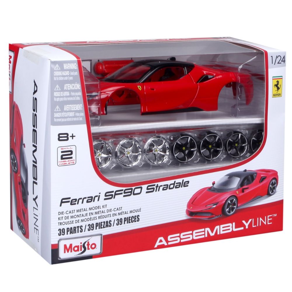 Set constructie masinuta metalica, Maisto, Ferrari SF90 Stradale, 39 piese, 1:24, Rosu