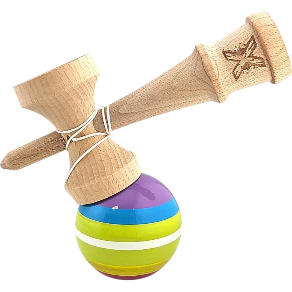 Jucarie de indemanare din lemn, Kendama X, Super Sticky, 18 cm, Multicolor