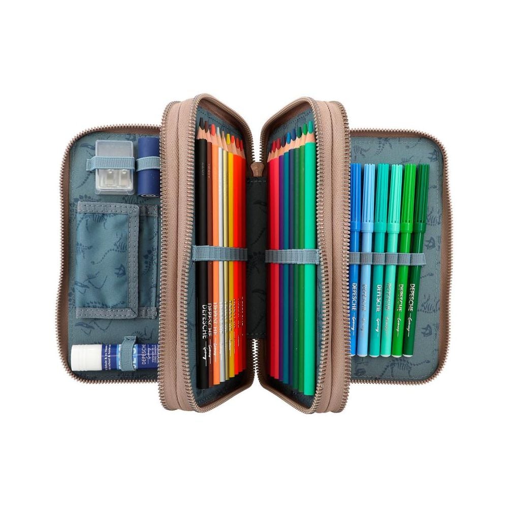 Penar cu trei compartimente echipat, Depesche, Dino World, Khaki Brown