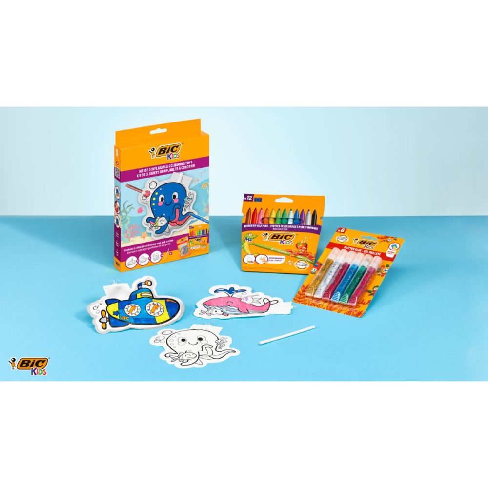 Set 3 jucarii gonflabile cu 12 markere colorate si 6 tuburi cu lipici, Bic
