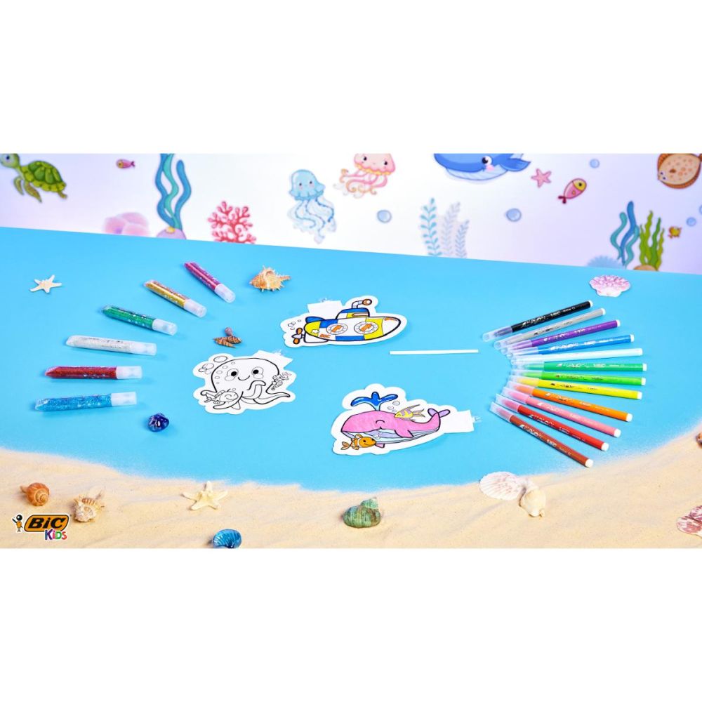 Set 3 jucarii gonflabile cu 12 markere colorate si 6 tuburi cu lipici, Bic