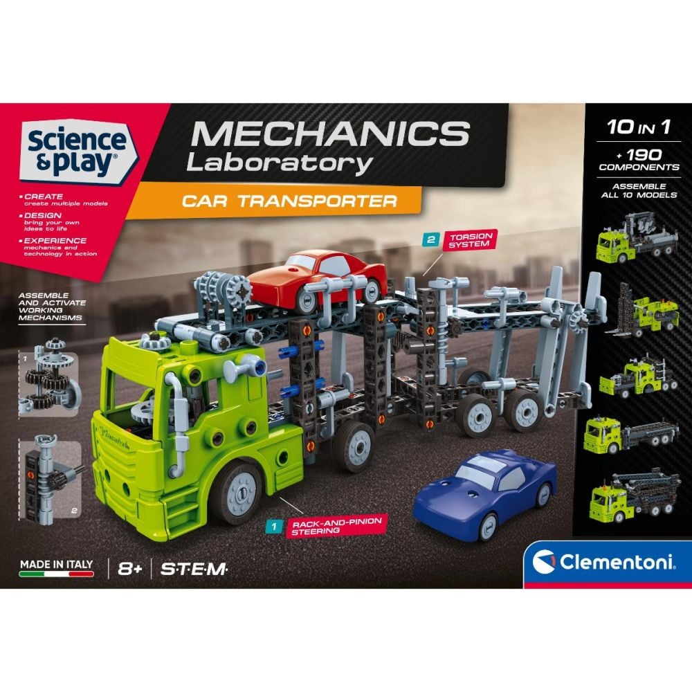 Kit de constructie, Clementoni, Science & Play, Camion cu remorca si masinute, 190 piese
