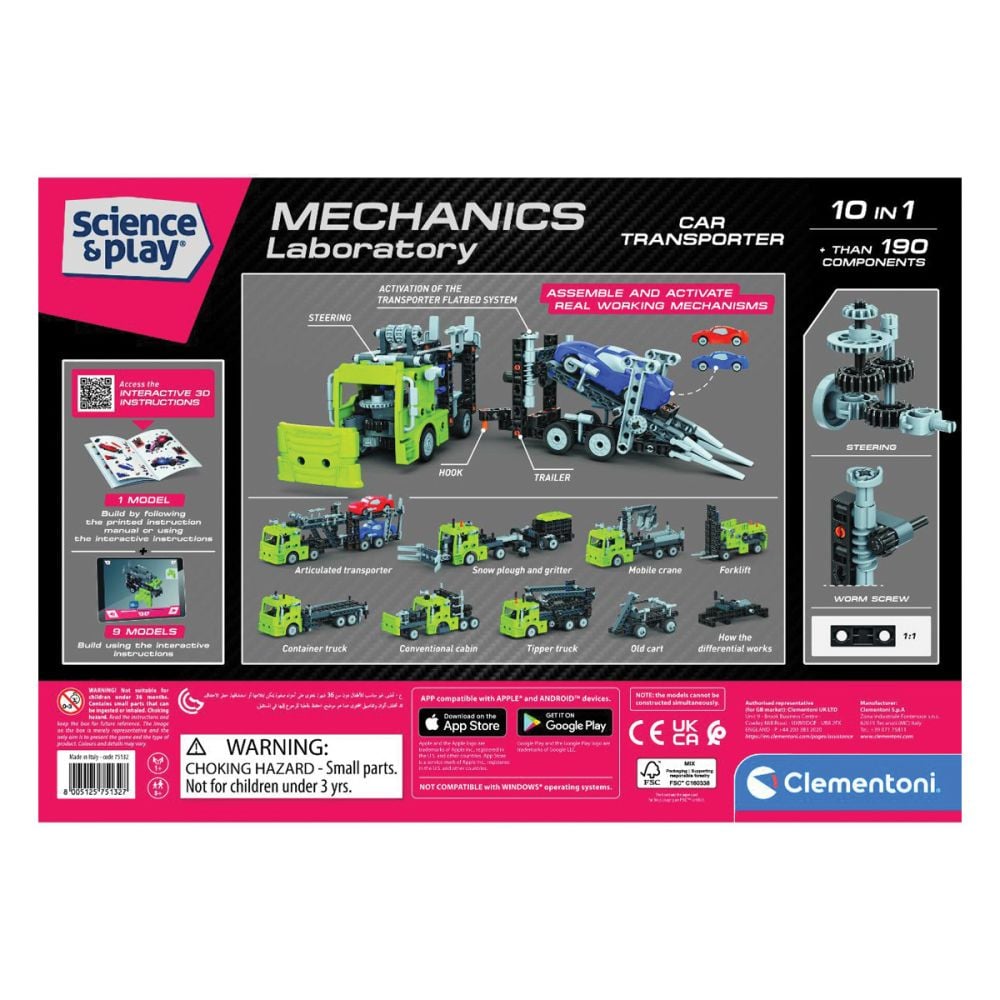 Kit de constructie, Clementoni, Science & Play, Camion cu remorca si masinute, 190 piese