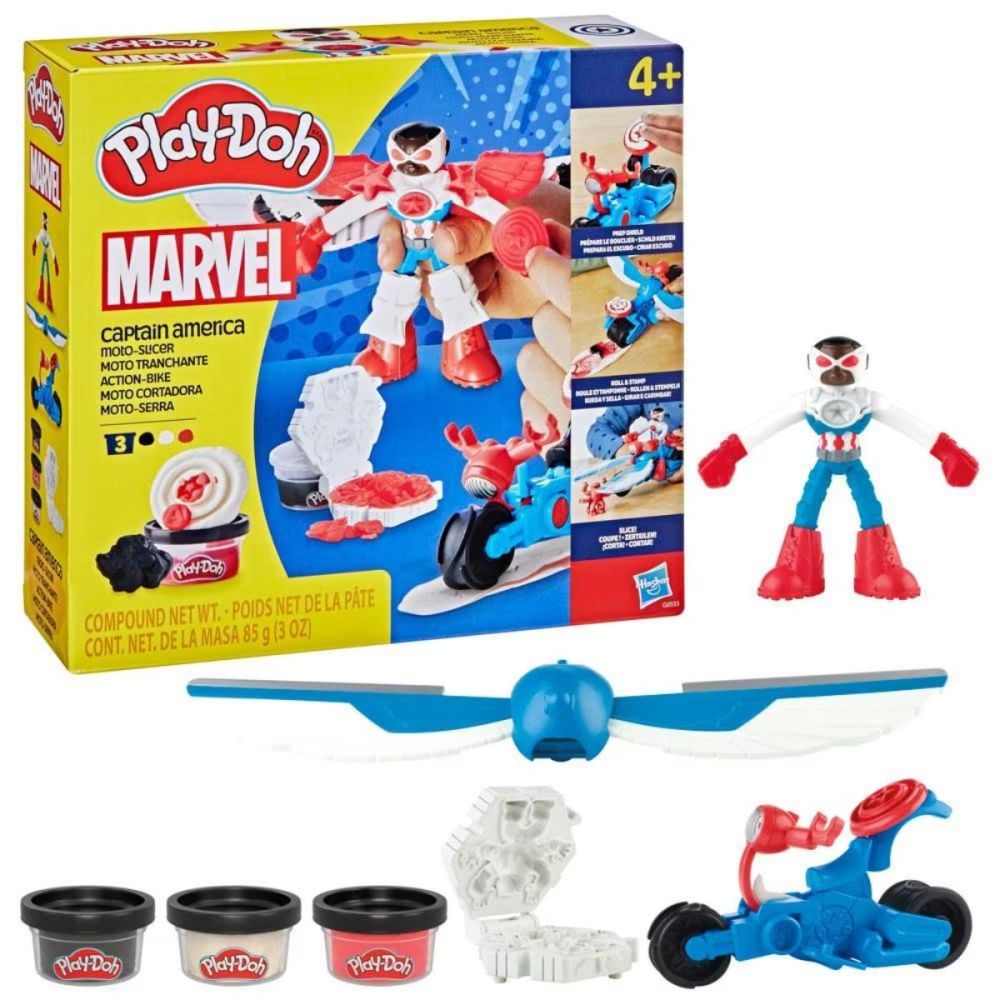 Set de joaca cu figurina, Play-Doh, Marvel, Captain America si Moto Slicer, G0555