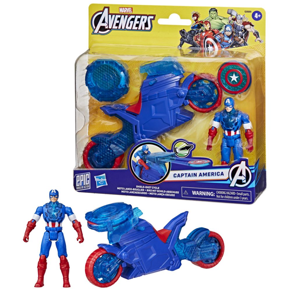 Figurina cu motocicleta si scut, Marvel Avengers, Captain America, 10 cm, G0889