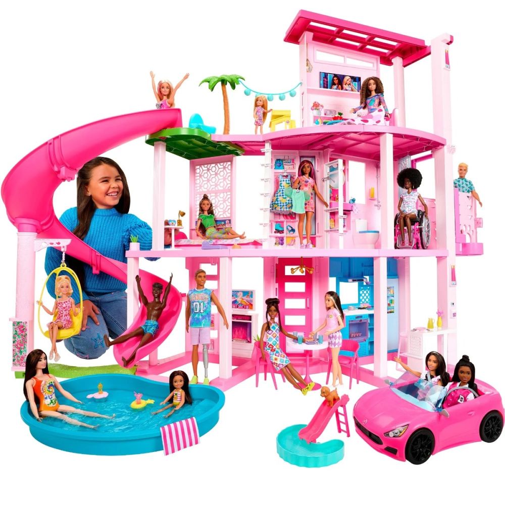 Set Casa de papusi Barbie Dreamhouse, 114 cm, cu piscina, tobogan, lift, lumini si sunete, 75 piese