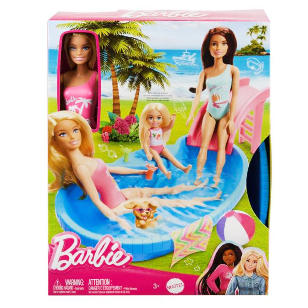Set de joaca cu papusa Barbie, piscina cu tobogan si accesorii, HRJ74
