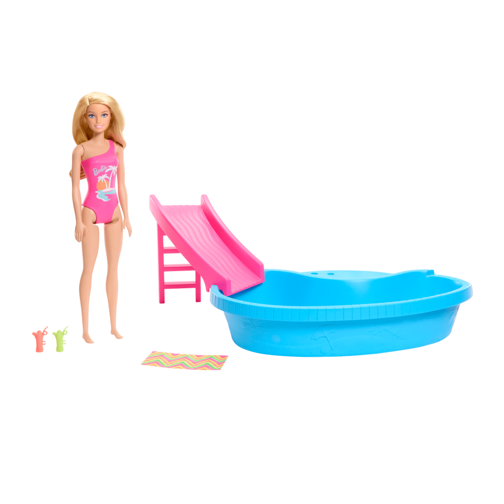 Set de joaca cu papusa Barbie, piscina cu tobogan si accesorii, HRJ74