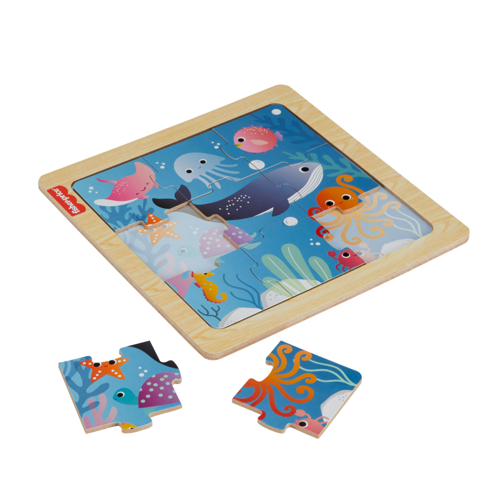 Mini puzzle din lemn, Fisher Price, Oceanul, 9 piese, HXV17