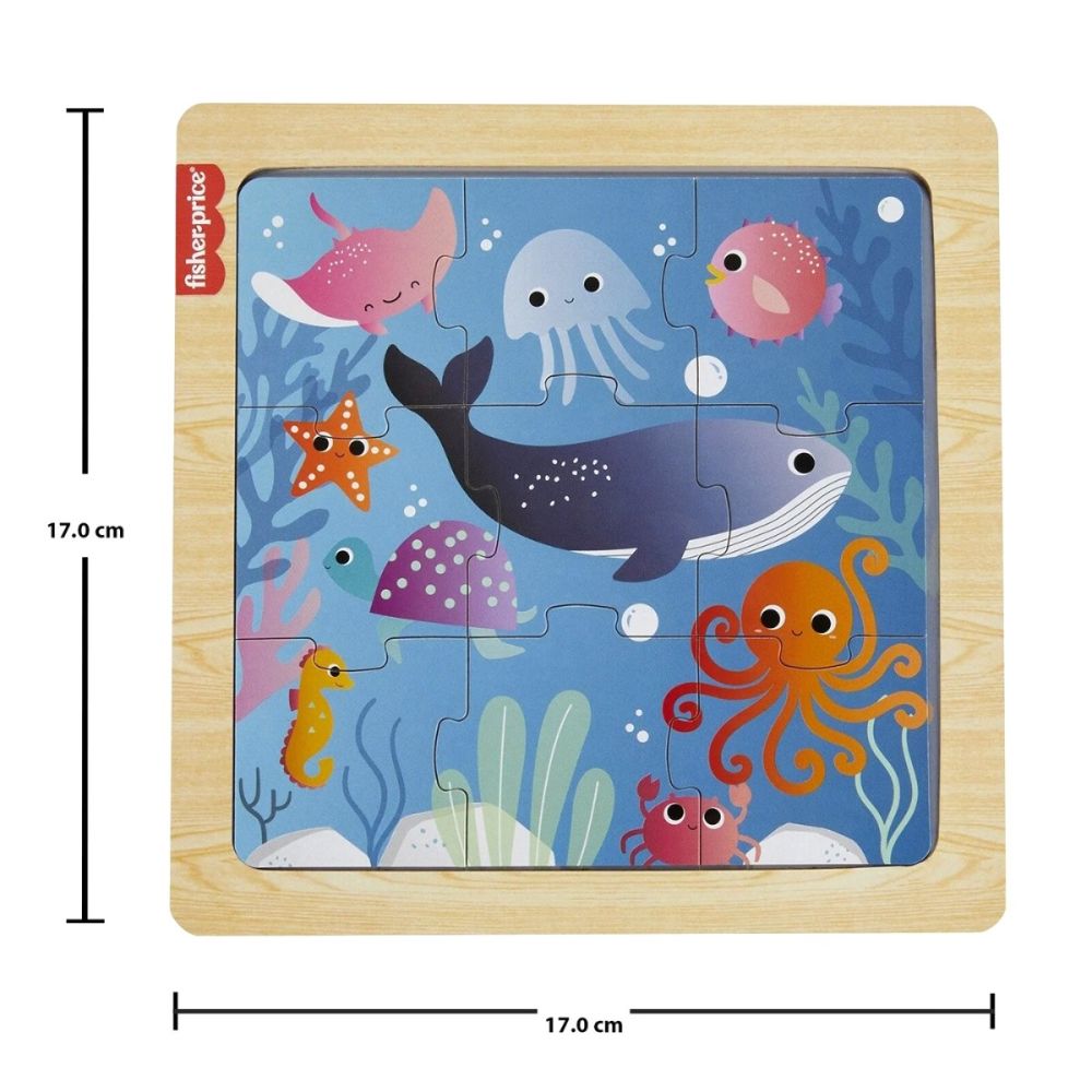 Mini puzzle din lemn, Fisher Price, Oceanul, 9 piese, HXV17