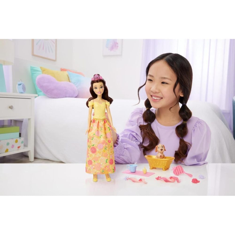 Papusa Disney Princess, Colour Changing, Bella Bathe & Brush Dog, JFC42