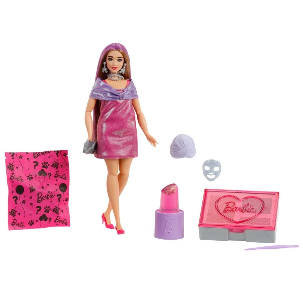 Papusa Barbie Party Unboxed, Glam Pink Curvy, 10 surprize, JFY67