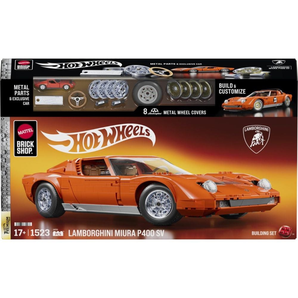 Set de constructie si masinuta Brick Shop, Hot Wheels, '71 Lamborghini Miura P400 SV, JHF61
