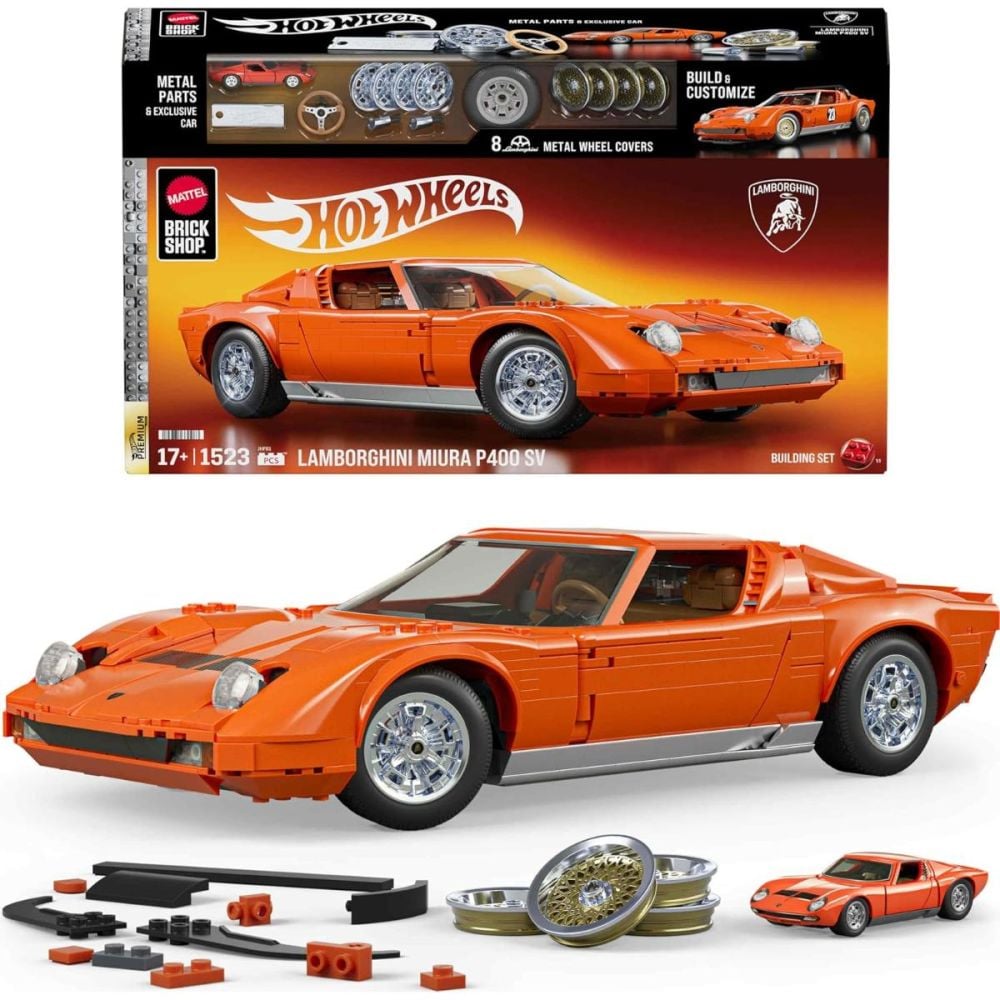 Set de constructie si masinuta Brick Shop, Hot Wheels, '71 Lamborghini Miura P400 SV, JHF61