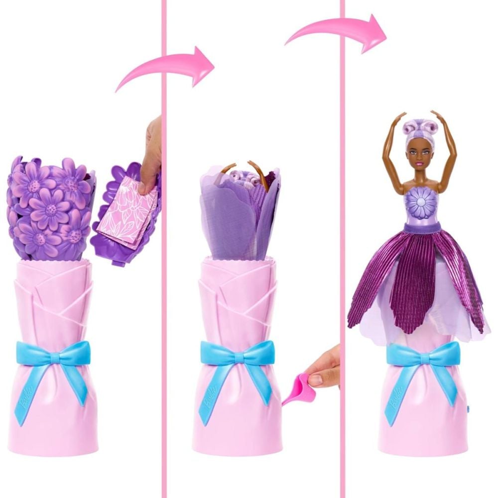 Papusa cu accesorii surpriza, Barbie, Petal Pop, Mov, JMF58
