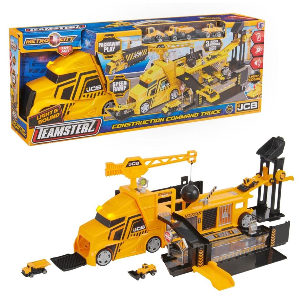 Camion cu platforma si 3 vehicule, Teamsterz, JCB Construction Command Truck