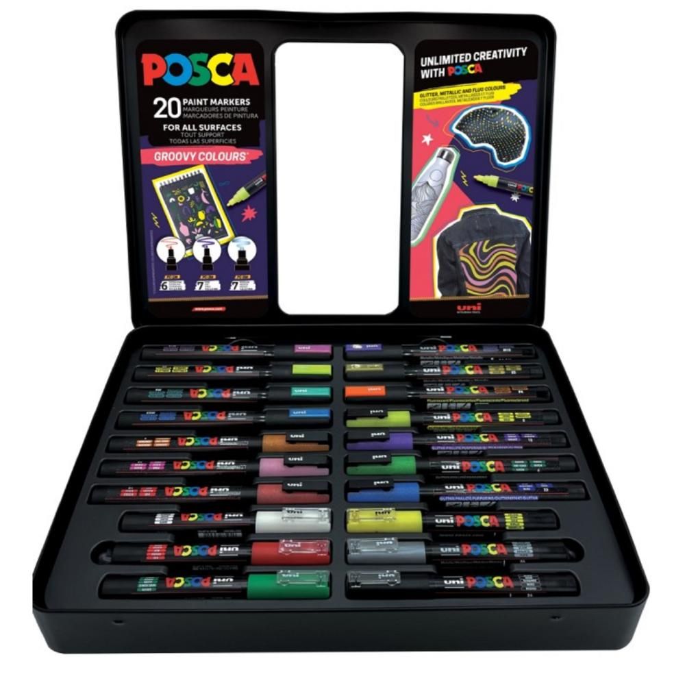 Set de 20 de markere in cutie metalica, Posca Uni, Groovy Colours