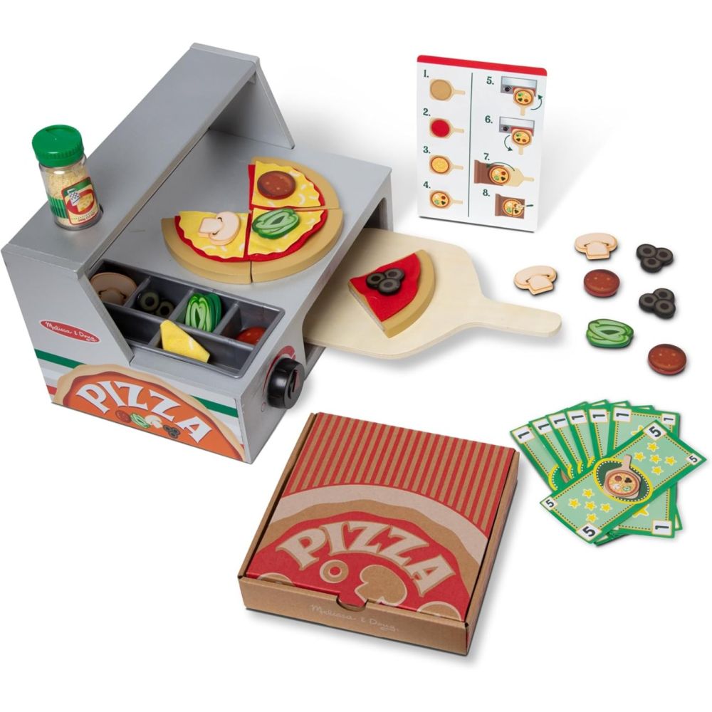 Set de joaca din lemn, Melissa & Doug, Standul de Pizza cu cuptor, 41 piese, 6074890
