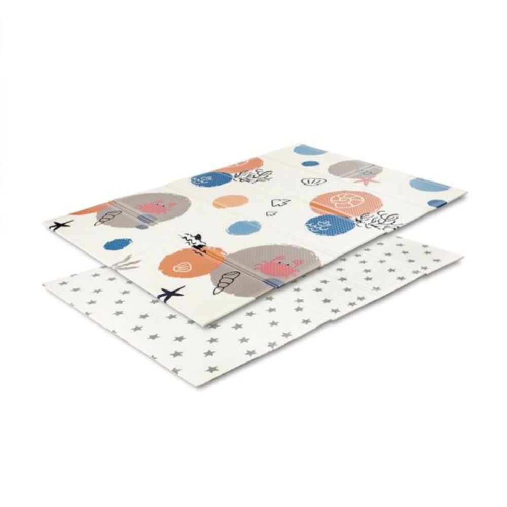 Covoras de joaca termic, Lorelli, din spuma XPE, design cu doua fete, pliabil, impermeabil, 120 x 180 cm, Ocean and Stars