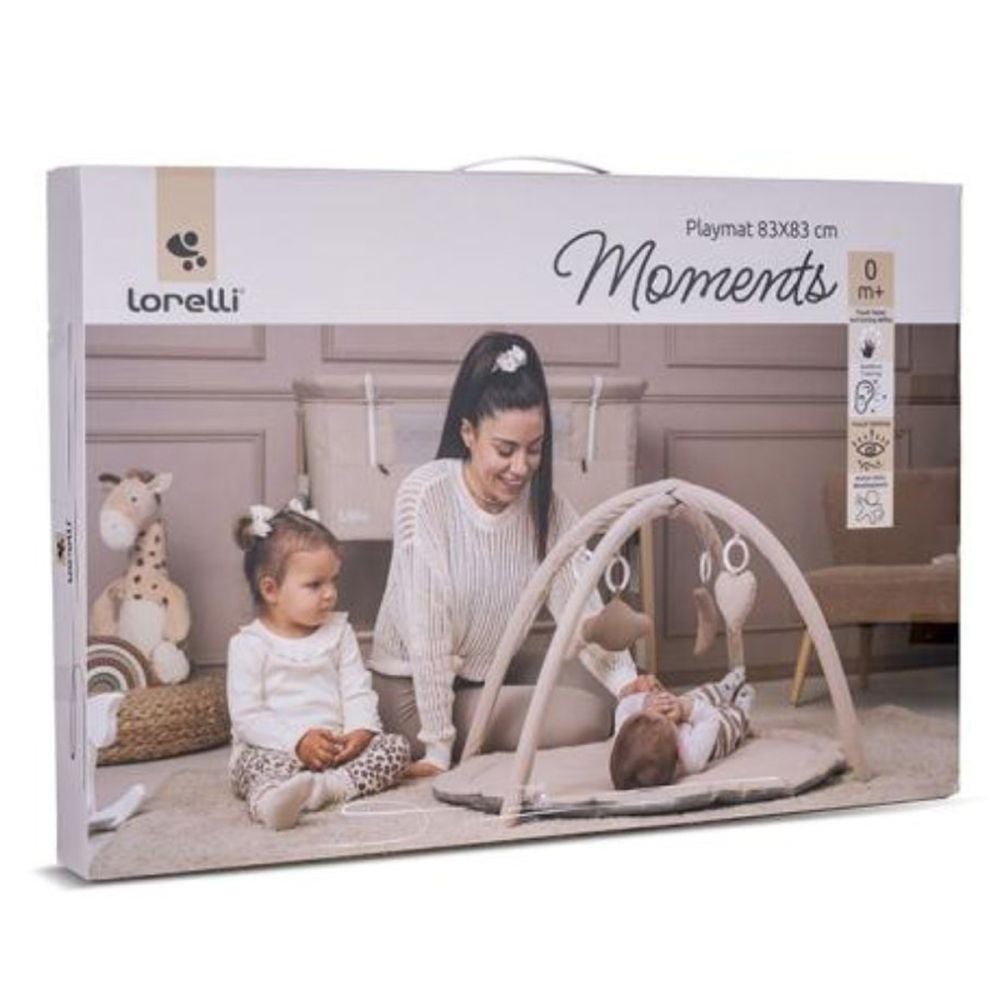 Saltea de activitati pentru bebelusi, Lorelli Moments, jucarii textile cu sunet si zornaitoare, 83 x 83 cm, Beige