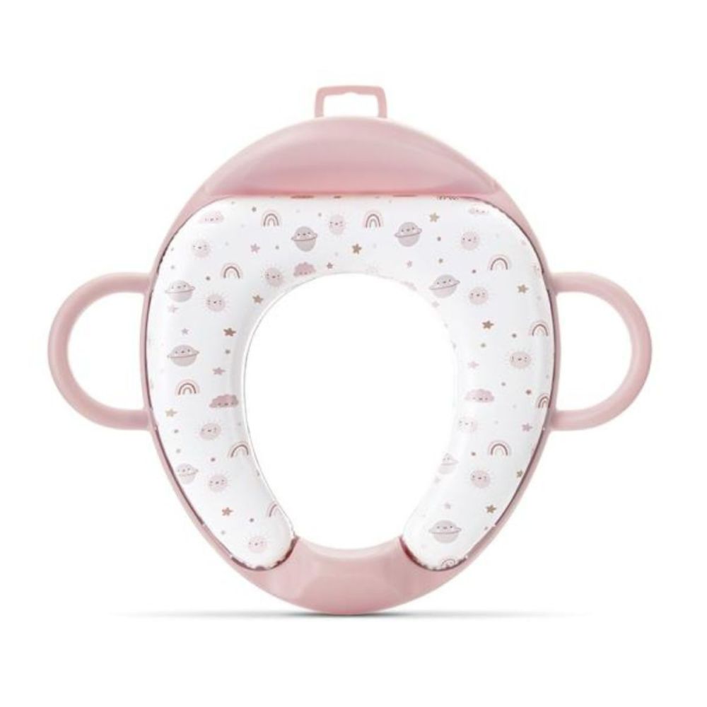 Reductor pentru toaleta, cu spatar si manere, pernita moale detasabila, Lorelli Planets, Pink