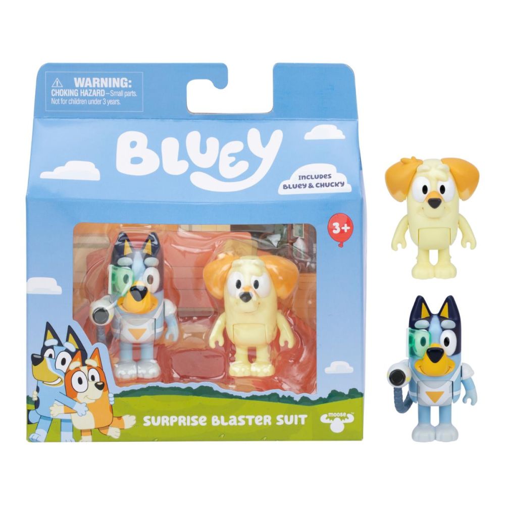 Set de joaca cu 2 figurine, Bluey, Surprise Blaster Suit, Bluey si Chucky