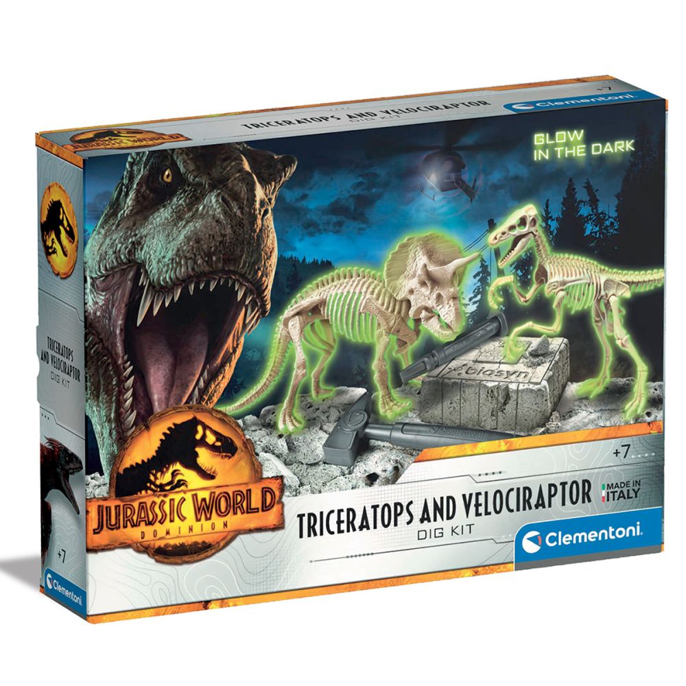 Kit arheologic, Clementoni, Glow in the Dark, Triceratops si Velociraptor