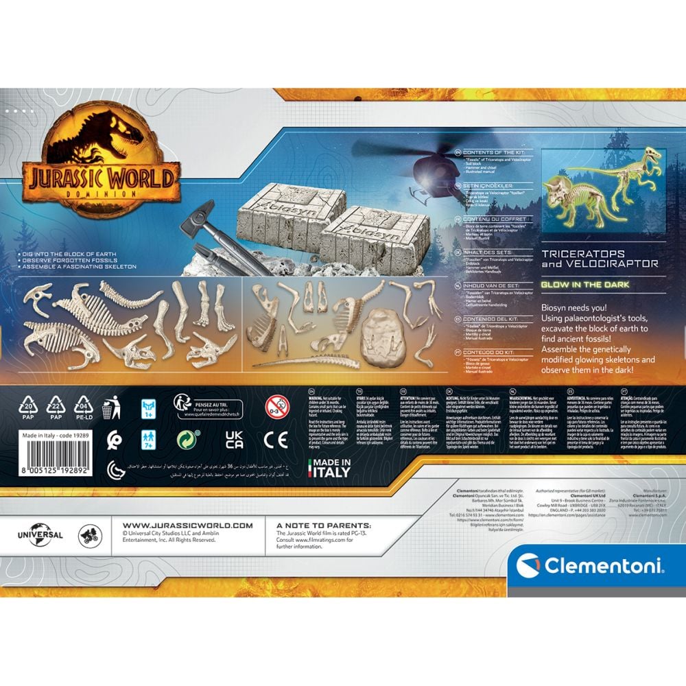 Kit arheologic, Clementoni, Glow in the Dark, Triceratops si Velociraptor