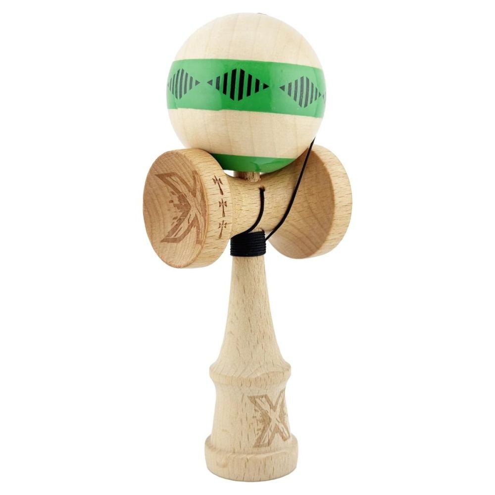 Jucarie de indemanare din lemn, Kendama X, Frequency Flippy, Super Sticky, 18 cm, Verde, Maro