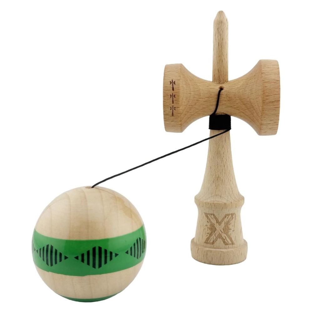 Jucarie de indemanare din lemn, Kendama X, Frequency Flippy, Super Sticky, 18 cm, Verde, Maro