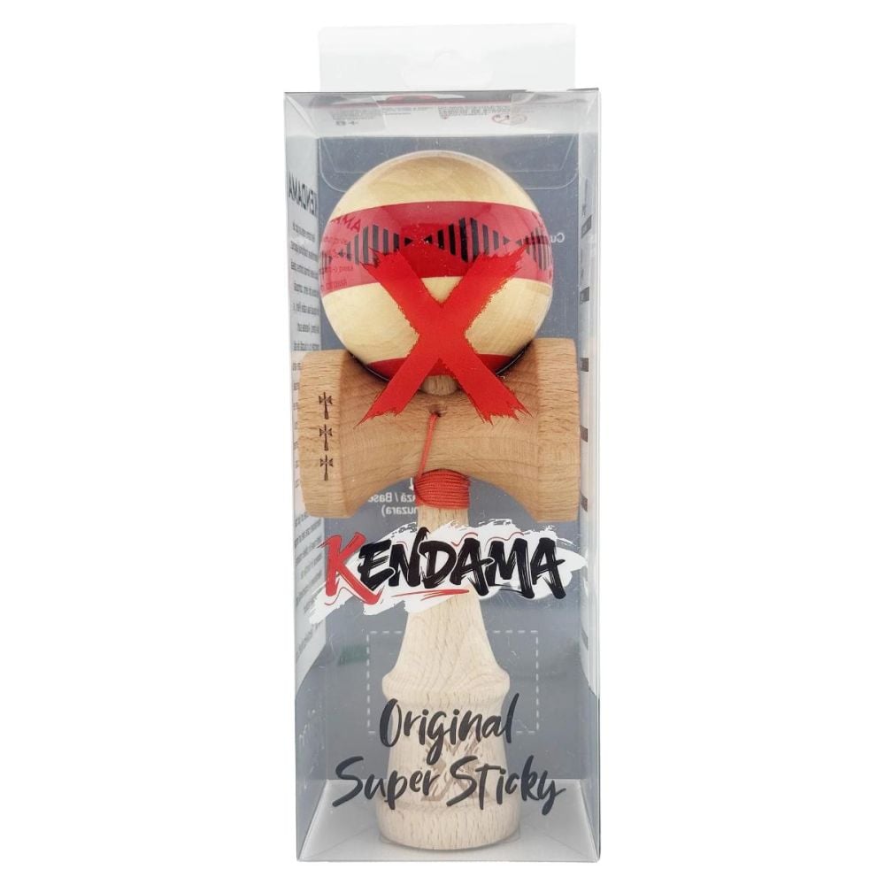 Jucarie de indemanare din lemn, Kendama X, Frequency Flippy, Super Sticky, 18 cm, Rosu, Maro