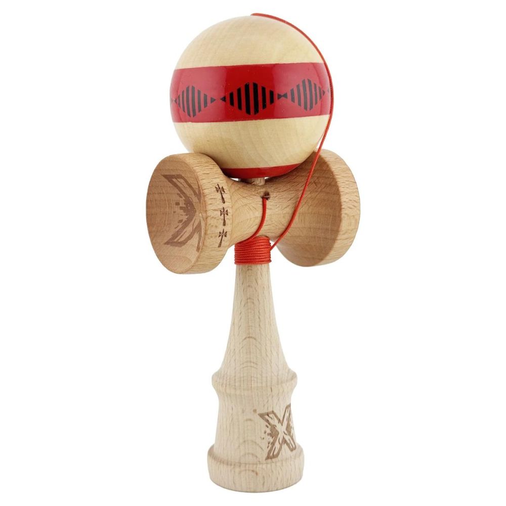 Jucarie de indemanare din lemn, Kendama X, Frequency Flippy, Super Sticky, 18 cm, Rosu, Maro