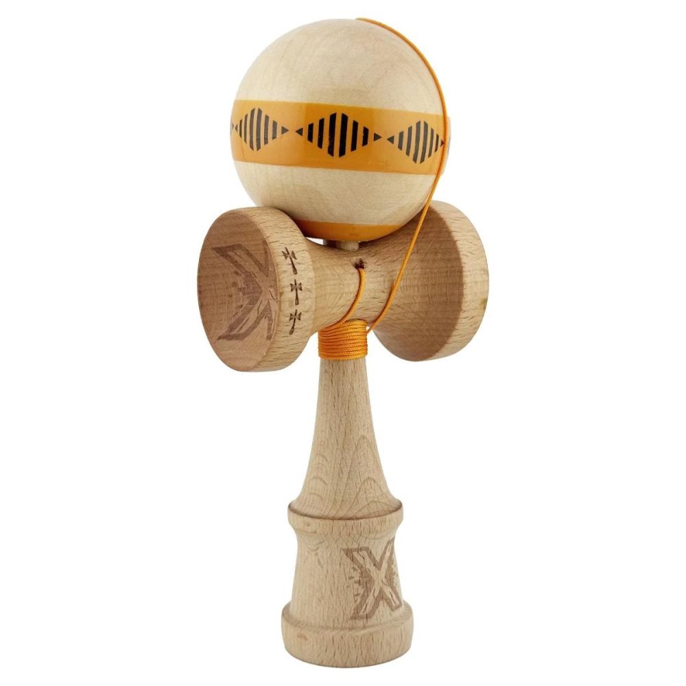 Jucarie de indemanare din lemn, Kendama X, Frequency Flippy, Super Sticky, 18 cm, Portocaliu, Maro