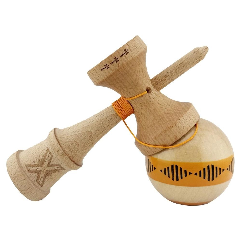 Jucarie de indemanare din lemn, Kendama X, Frequency Flippy, Super Sticky, 18 cm, Portocaliu, Maro