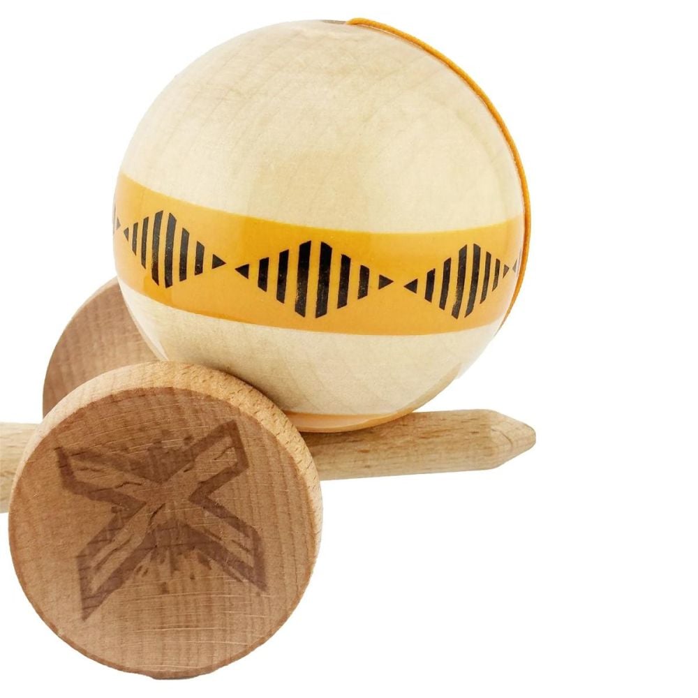 Jucarie de indemanare din lemn, Kendama X, Frequency Flippy, Super Sticky, 18 cm, Portocaliu, Maro