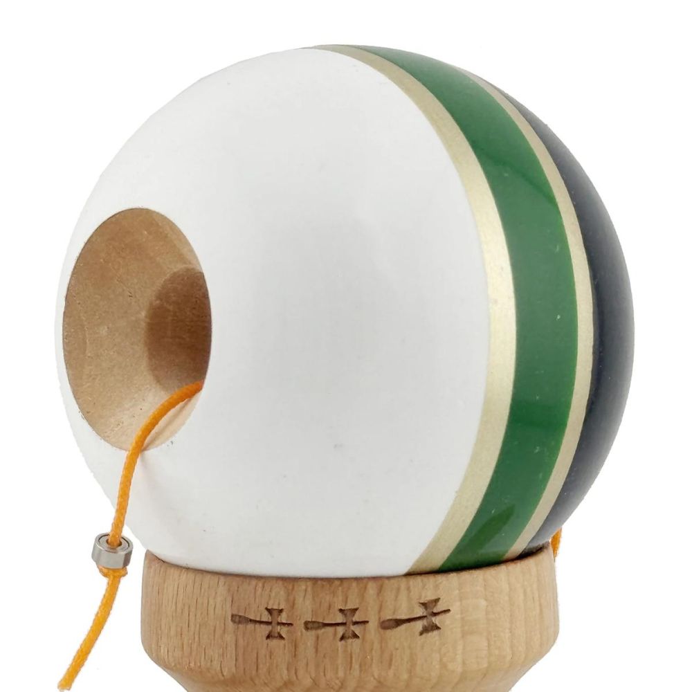 Jucarie de indemanare din lemn, Kendama X, Royal Spike Flippy, Super Sticky, 18 cm, Negru Verde, Gold Alb